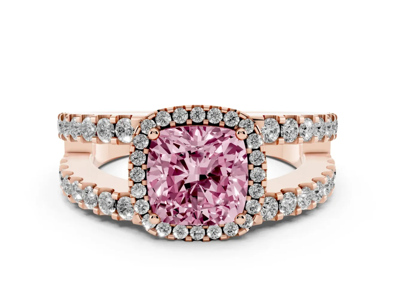 Fancy Pink Cushion Cut Diamond Halo Ring Set in Rose gold with Pavé Split Shank and Prong Setting