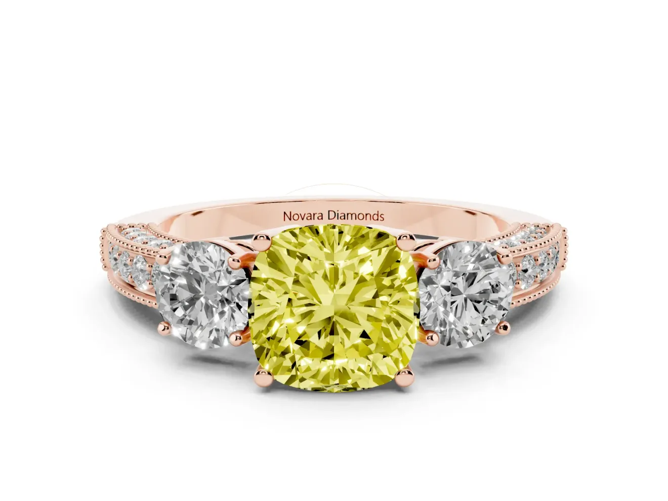 Fancy Yellow Cushion Cut Diamond Three-Stone Ring Set in Rose gold with Round Side Stones and Pavé Band