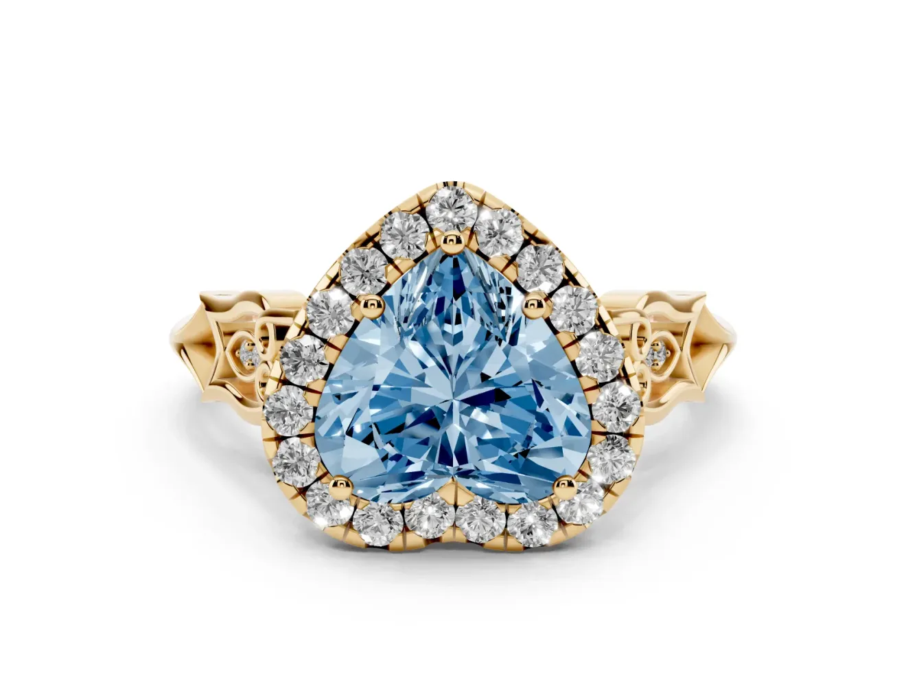 Fancy Blue Heart Cut Diamond Halo Engagement Ring Set in Yellow gold with Filigree Band and Prong-Set Center