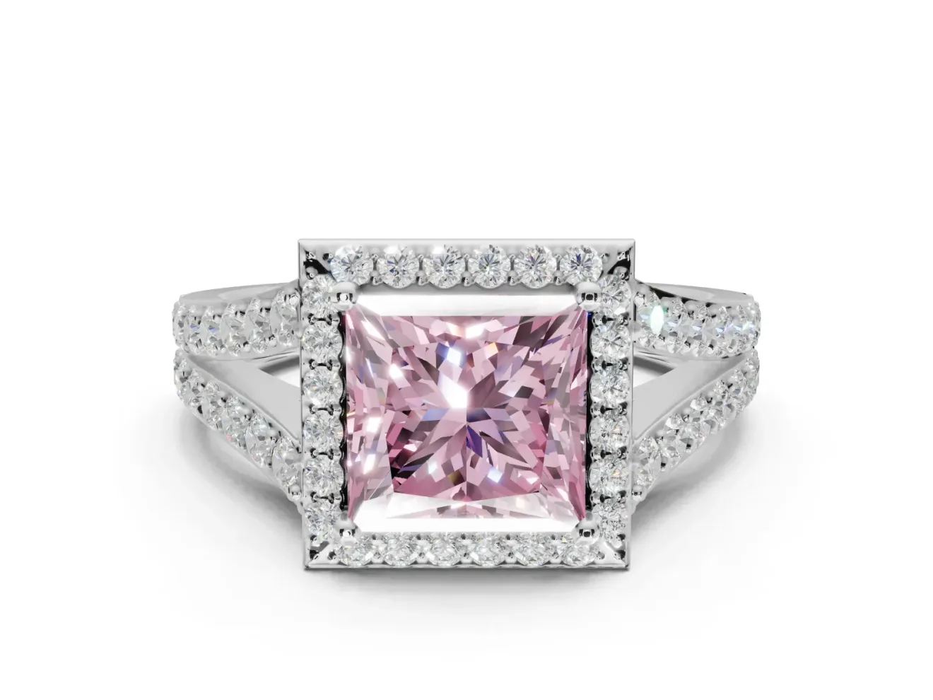 Princess Cut Halo Pavé Engagement Ring Setting for a Fancy Pink Lab-Grown Diamond | Narrow Split Shank | White Gold