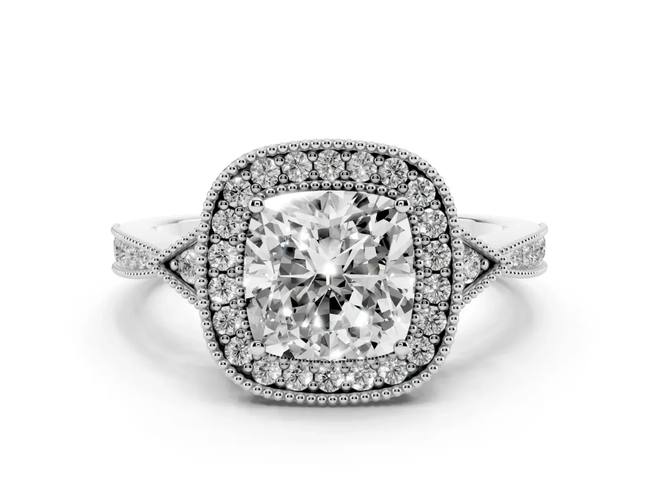 Cushion Cut Diamond Halo Engagement Ring Set in Platinum with Milgrain Pavé Band