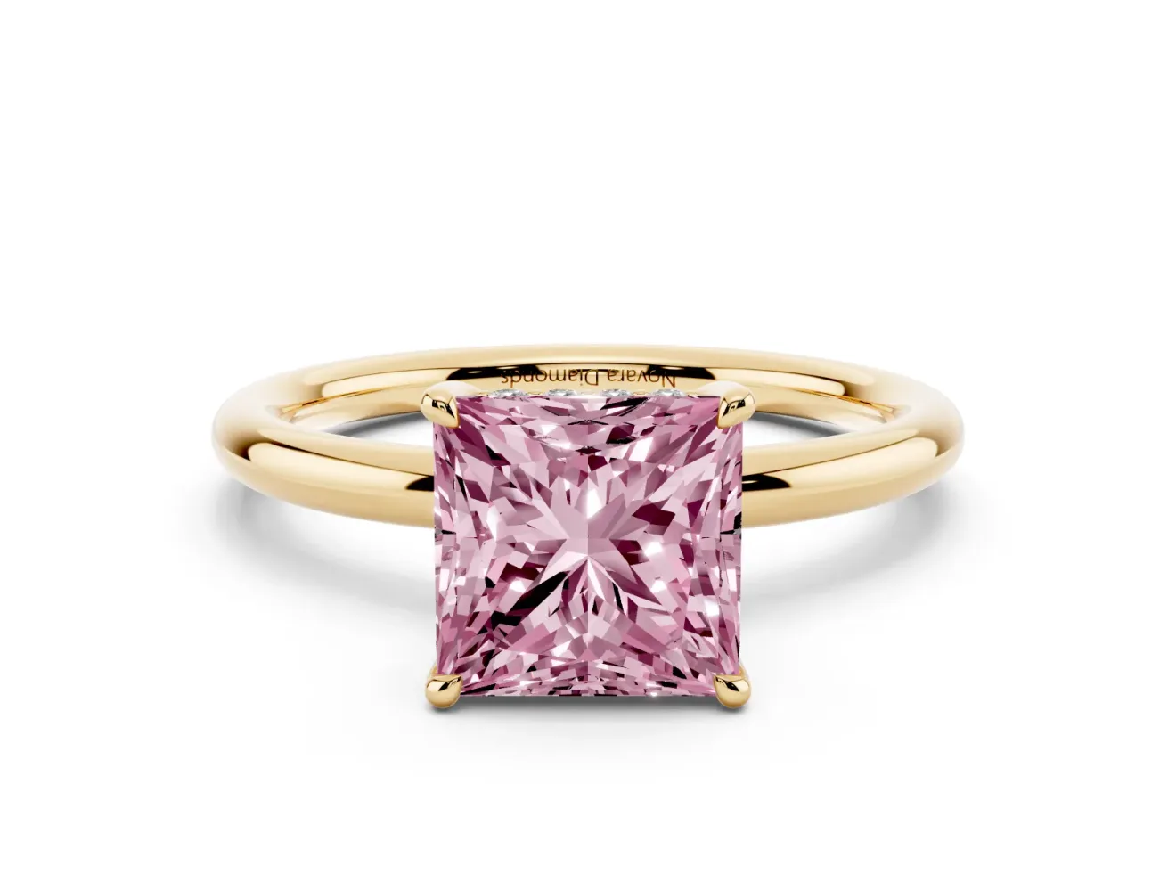 Fancy Pink Princess Cut Diamond Solitaire Ring Set in Yellow gold with Thin Band and Prong Setting