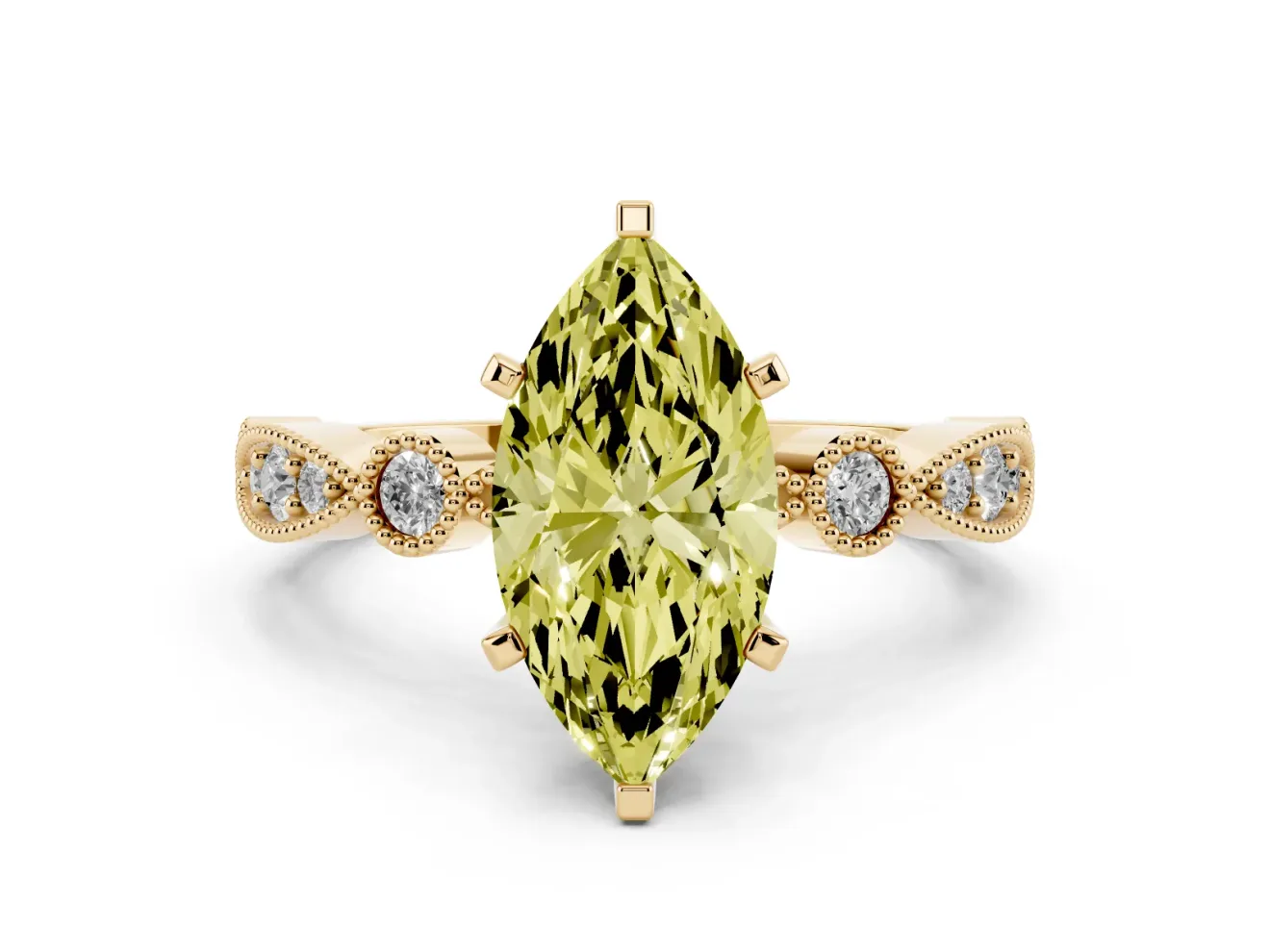 Fancy Yellow Marquise Cut Diamond Solitaire Engagement Ring Set in Yellow gold with Milgrain Bezel Accent Band
