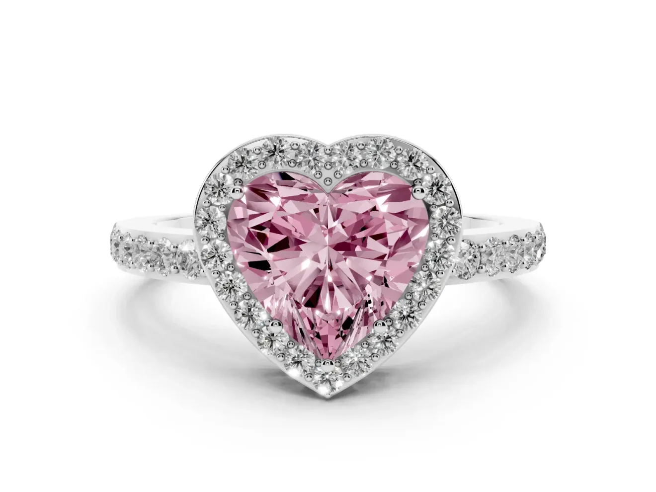 Fancy Pink Heart Cut Diamond Halo Ring Set in Silver with Pavé-Setting Band and Open Prong Center