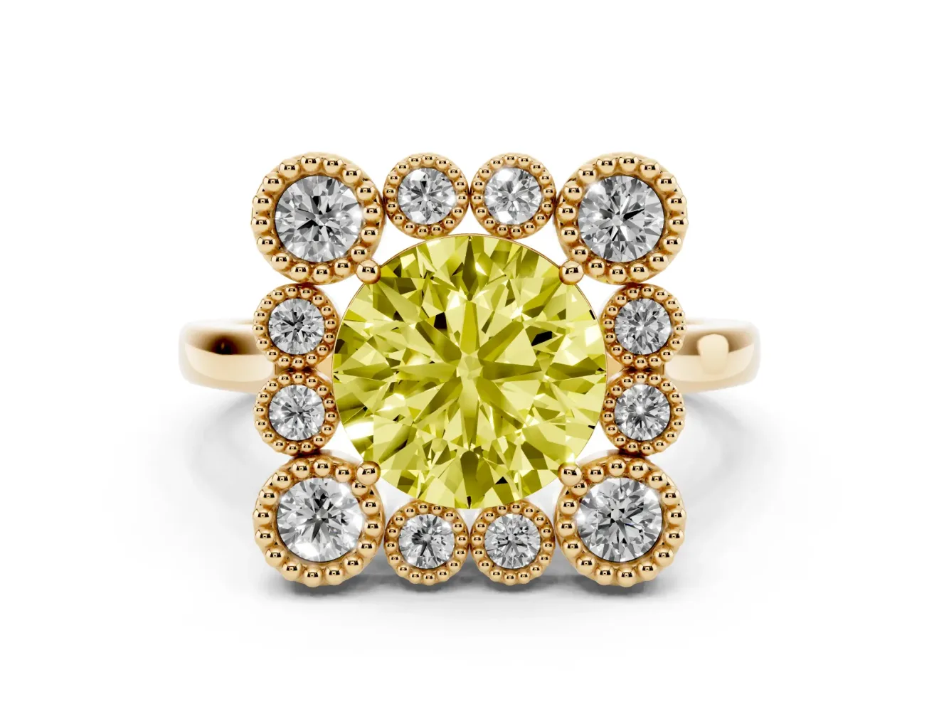 Round Milgrain Cluster Halo Engagement Ring Setting for a Fancy Yellow Lab-Grown Diamond | Plain Band | Yellow Gold