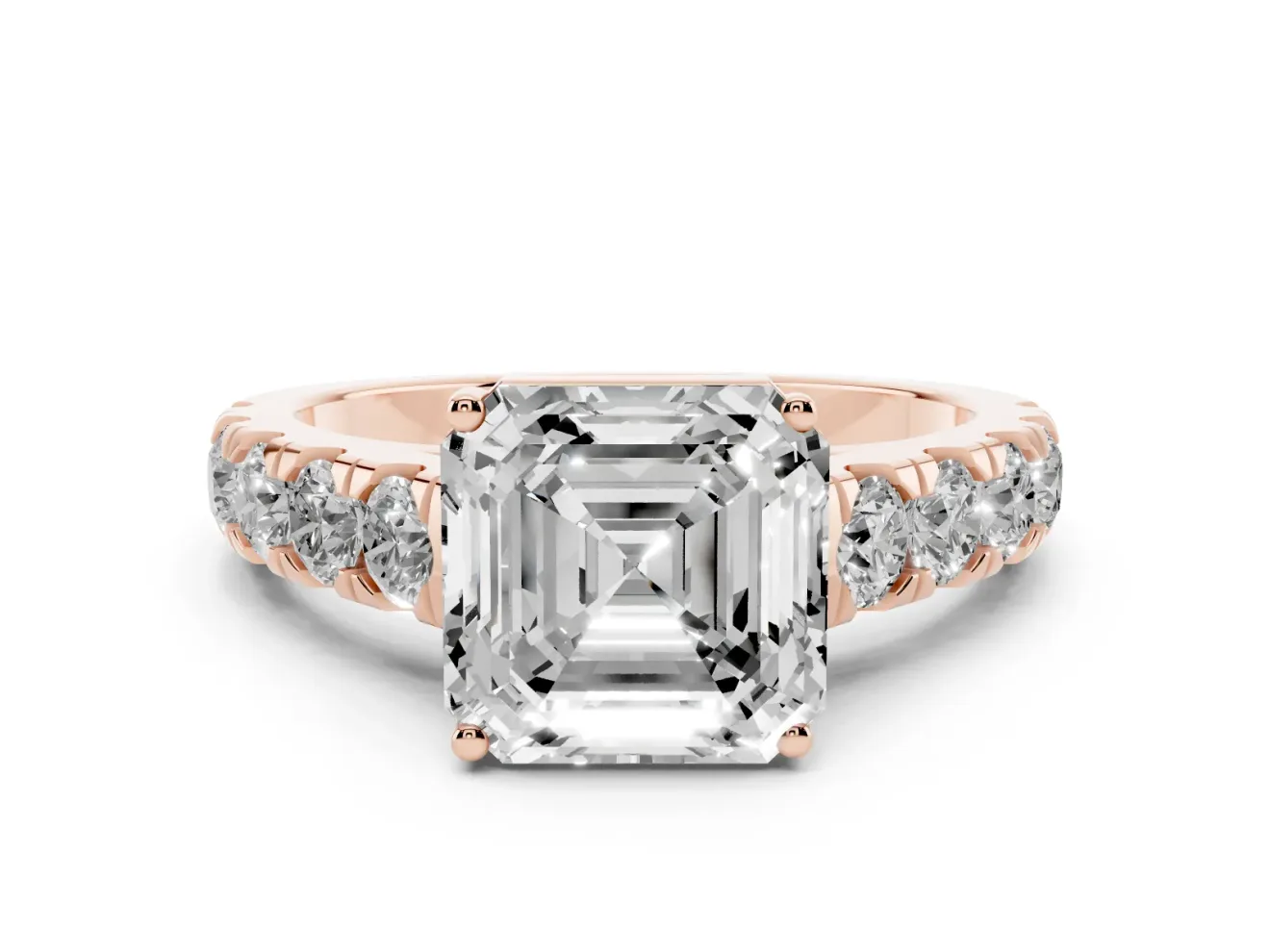 Asscher Cut Cut-Down Side Stone Engagement Ring Setting | Scalloped Shoulders | Rose Gold