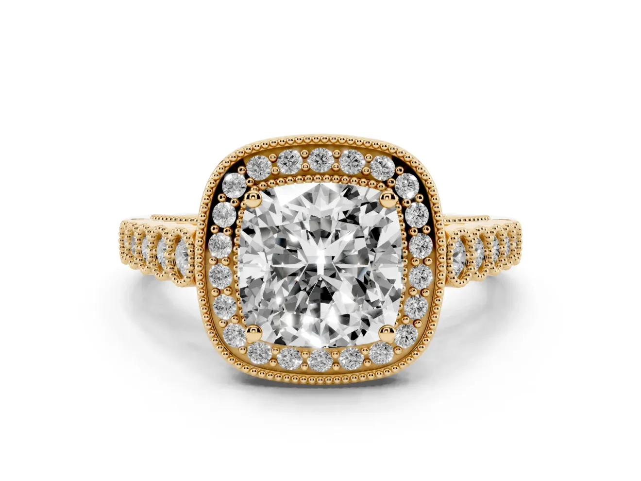 Cushion Cut Milgrain Halo Engagement Ring Setting | Graduated Bezel Accents | Yellow Gold