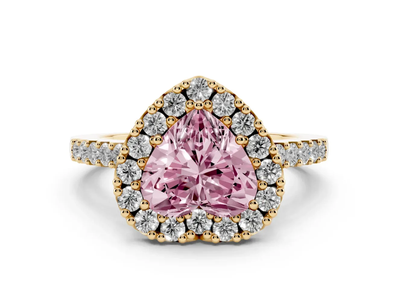 Fancy Pink Heart Cut Diamond Halo Pavé Solitaire Ring Set in Yellow gold with Prong-Set Center Stone