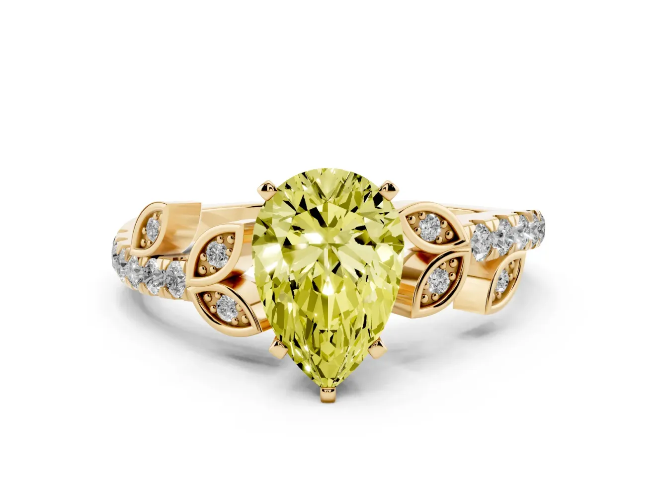 Pear-Shaped Leaf Pavé Engagement Ring Setting for a Fancy Yellow Lab-Grown Diamond | Yellow Gold