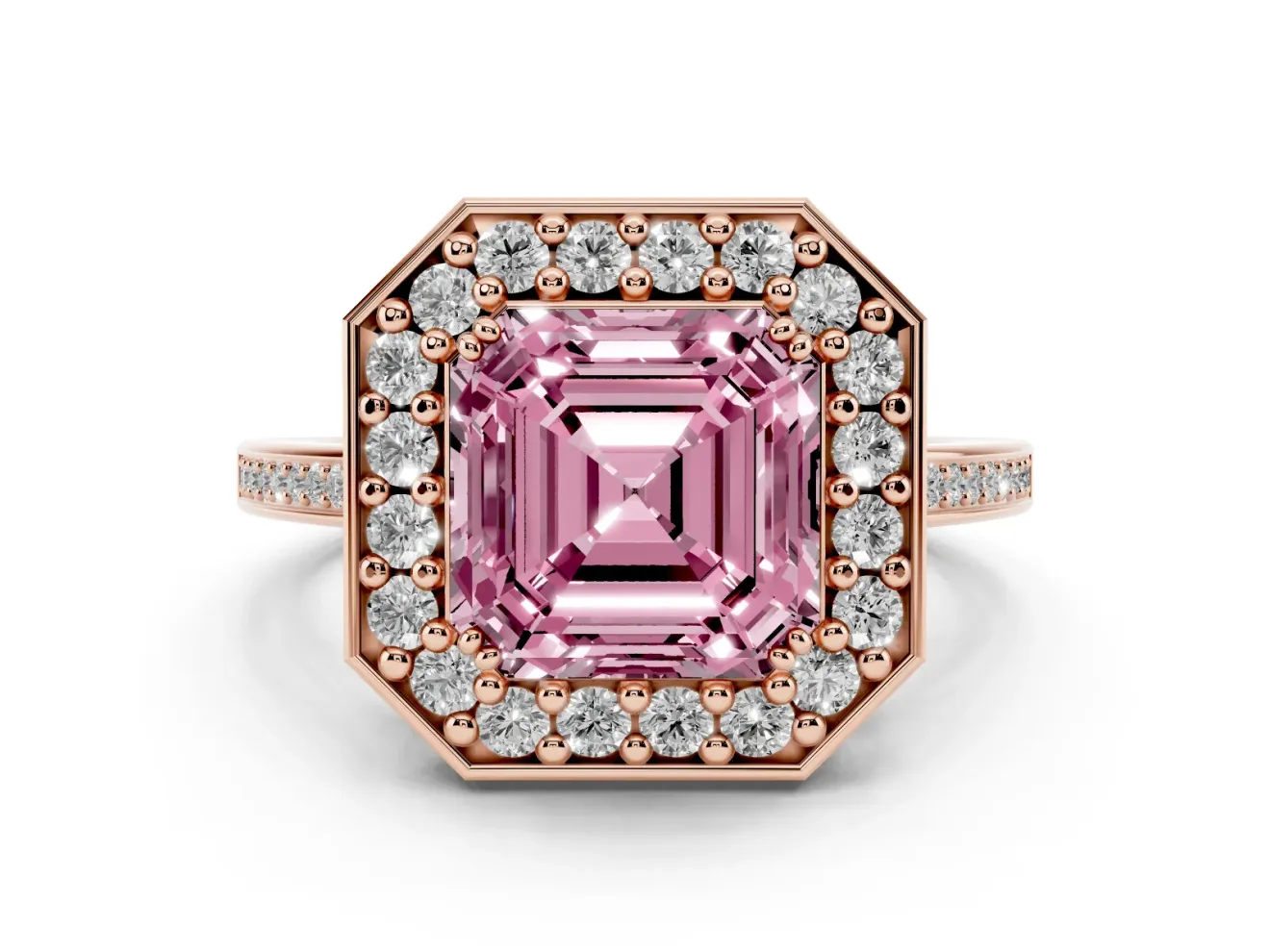Asscher Cut Halo Engagement Ring Setting for a Fancy Pink Lab-Grown Diamond | Polished Halo Rim | Rose Gold