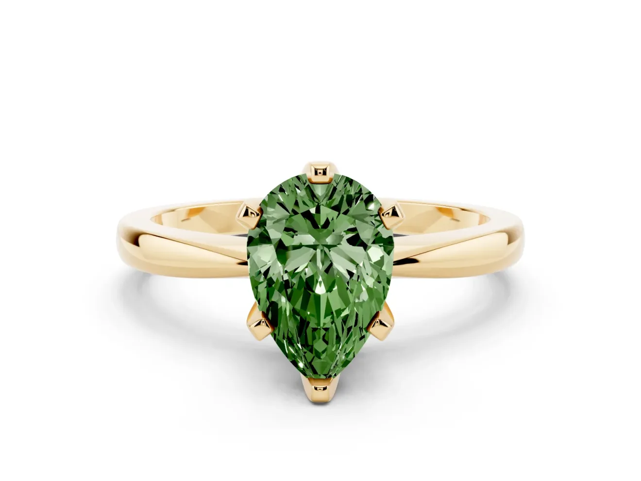 Fancy Green Pear Cut Diamond Solitaire Engagement Ring Set in Yellow gold with Slim Tapered Solitaire Band