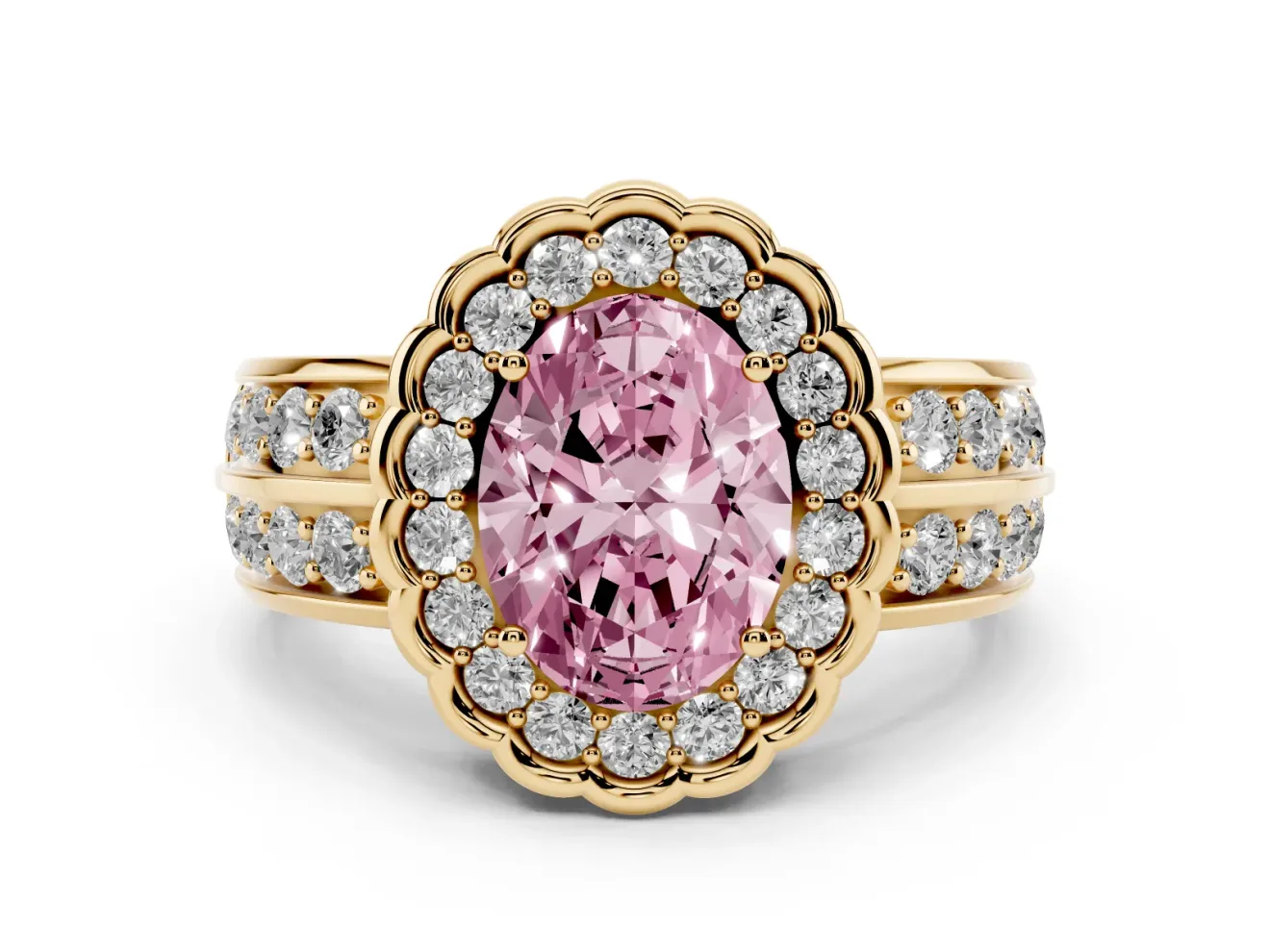 Fancy Pink Oval Cut Diamond Scalloped Halo Ring Set in Yellow gold with Pavé Split Shank
