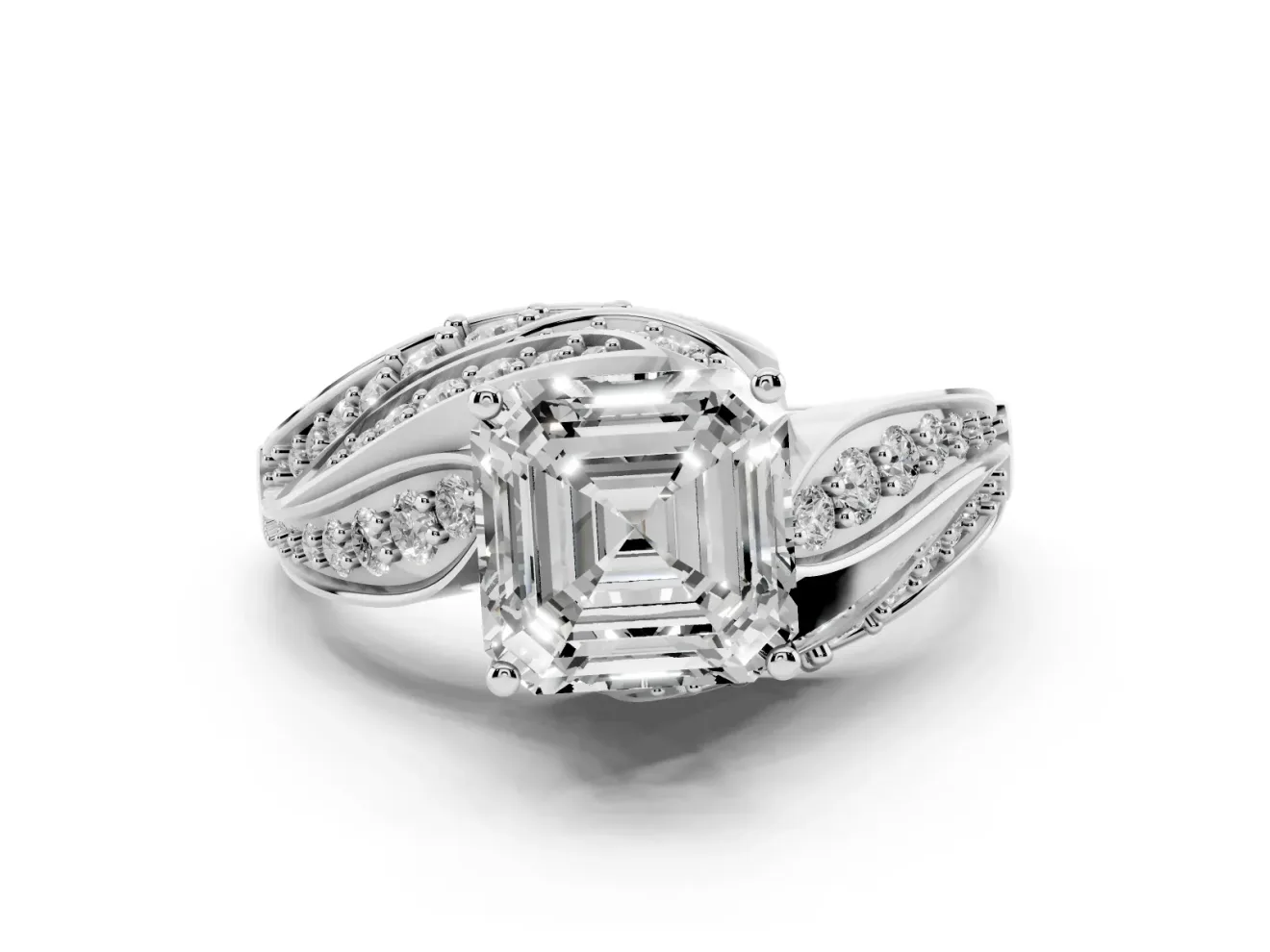 Asscher Cut Bypass Hidden Halo Engagement Ring Setting | Graduated Pavé | White Gold