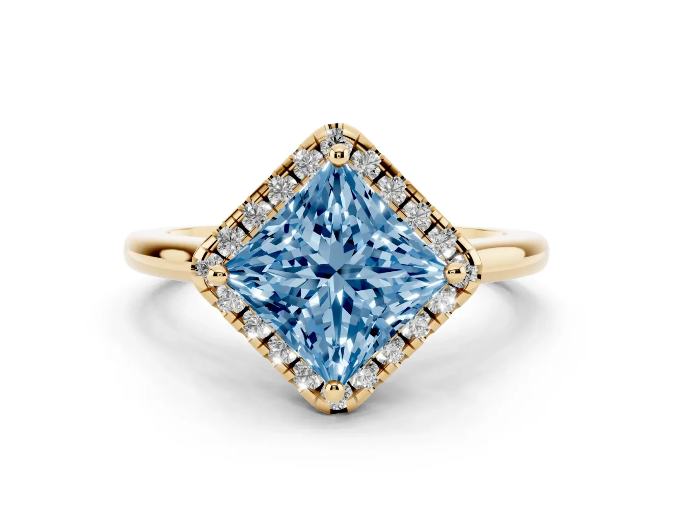 Princess Cut Halo Engagement Ring Setting for a Fancy Blue Lab-Grown Diamond | Plain Polished Band | Yellow Gold