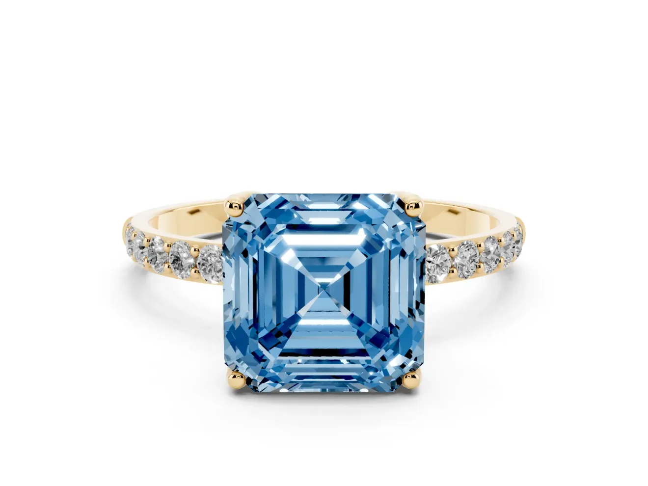 Asscher Cut Pave Solitaire Engagement Ring Setting for a Fancy Blue Lab-Grown Diamond | Slim Band | Yellow Gold