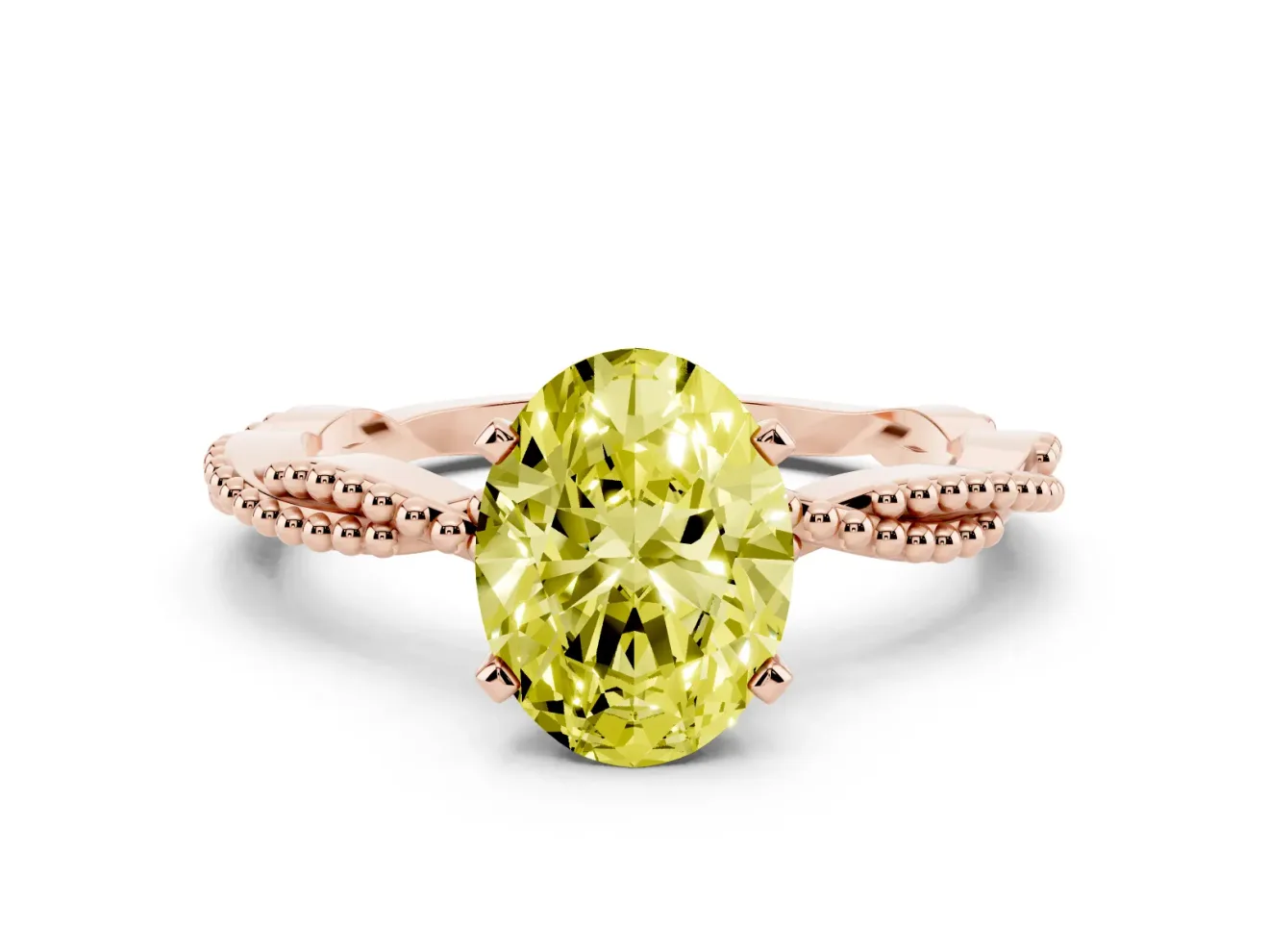 Fancy Yellow Oval Cut Diamond Solitaire Ring Set in Rose gold with Twisted Band and Bead Prong Setting