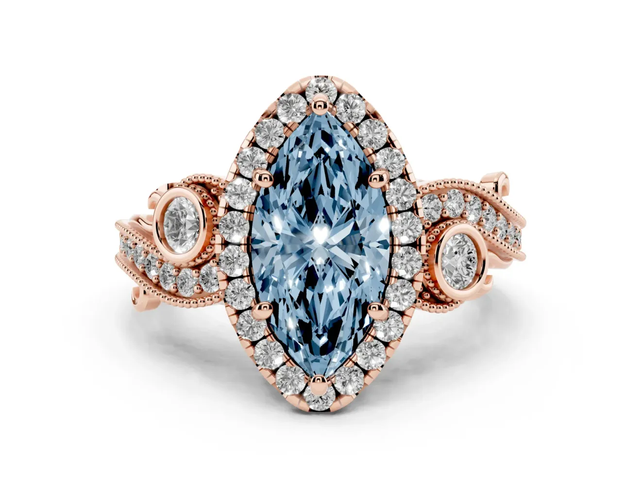 Marquise Vintage Halo Engagement Ring Setting for a Fancy Blue Lab-Grown Diamond | Bezel Shoulder Accents | Rose Gold