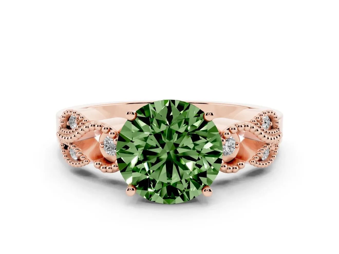 Fancy Green Round Cut Diamond Milgrain Leaf Band Solitaire Ring Set in Rose gold with Accent Stones and Prong Setting