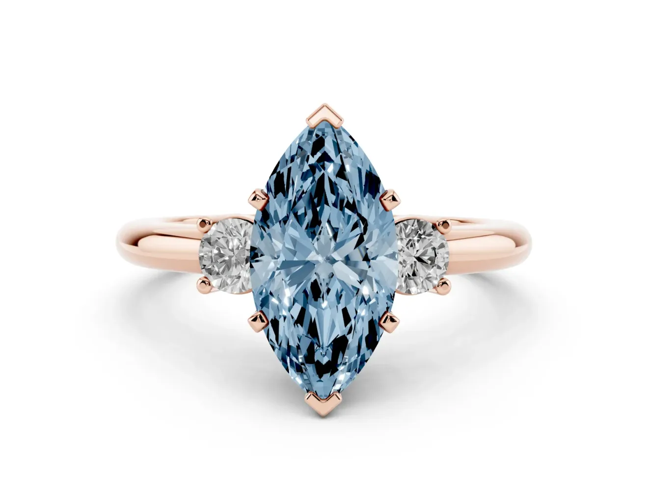 Marquise Three Stone Engagement Ring Setting for a Fancy Blue Lab-Grown Diamond | Round Side Stones | Rose Gold