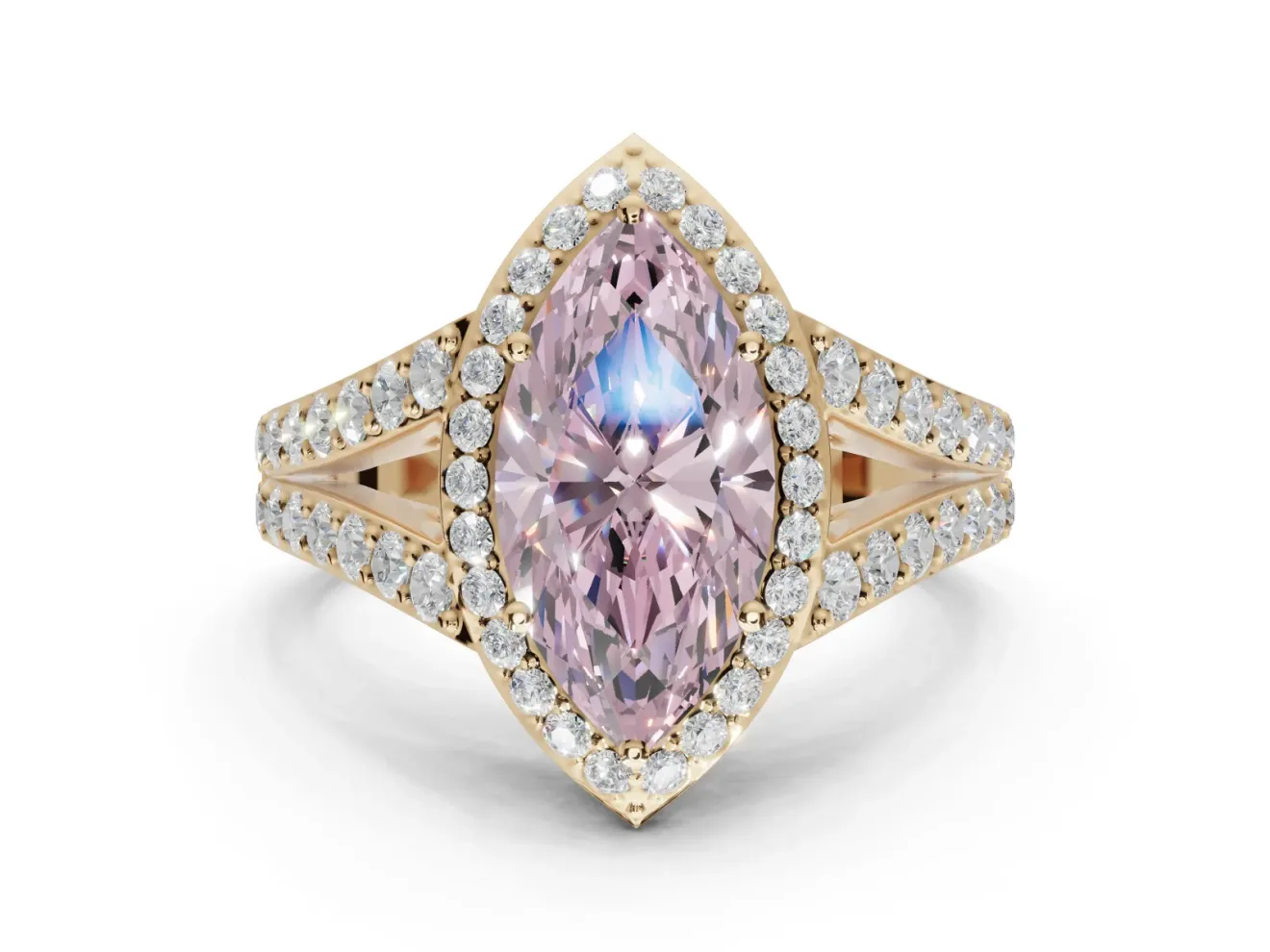 Marquise Halo Pavé Engagement Ring Setting for a Fancy Pink Lab-Grown Diamond | Narrow Split Shank | Yellow Gold