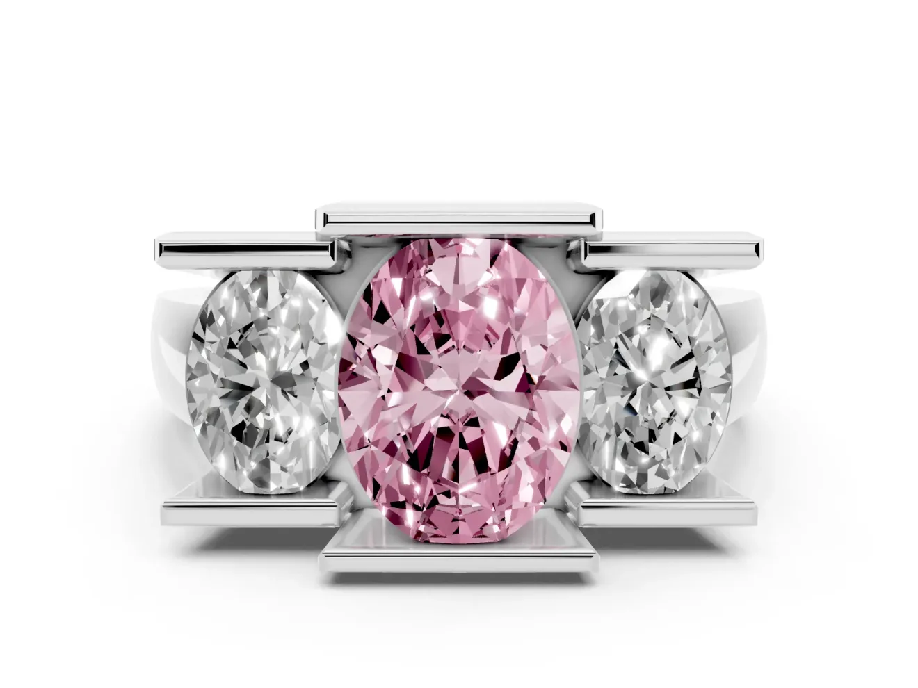 Fancy Pink Oval Cut Diamond Three-Stone Channel Set Ring Set in White gold with Smooth Polished Band