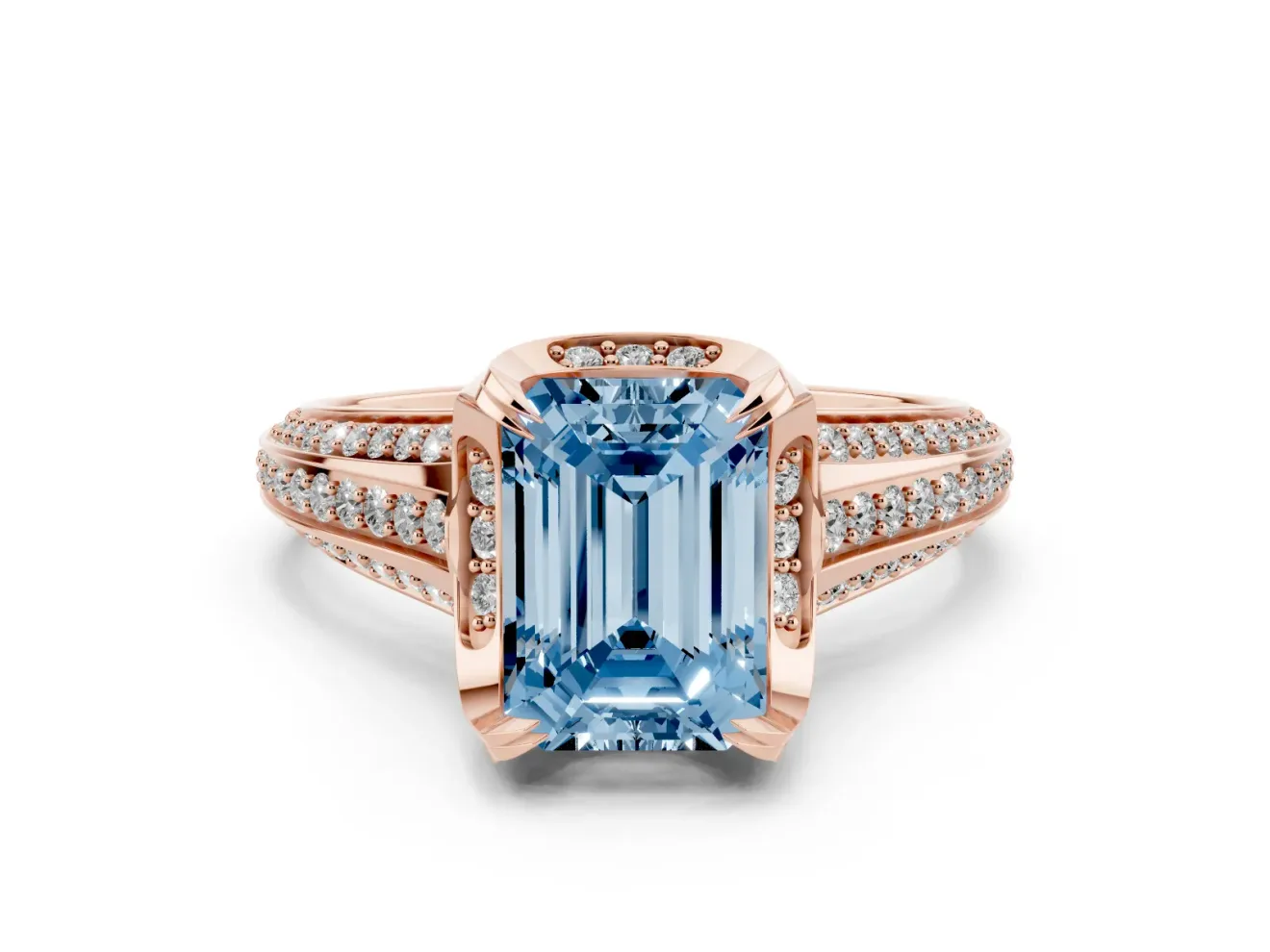 Fancy Blue Emerald Cut Diamond Pavé Split Shank Solitaire Ring Set in Rose gold with Prong Setting