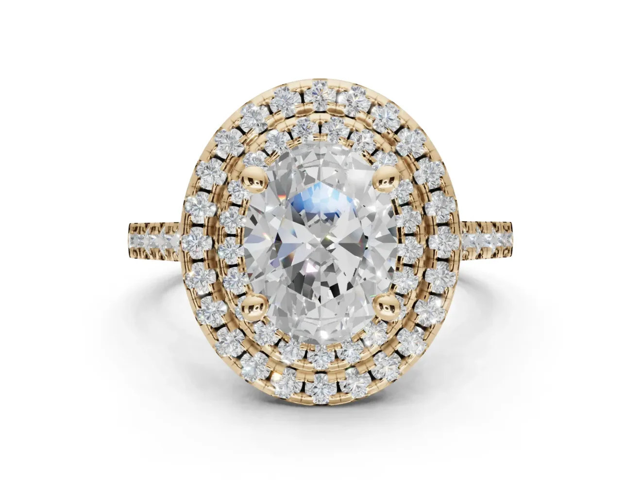 Oval Lab-Grown Diamond Double Halo Statement Ring Set in Yellow Gold with Pavé Band