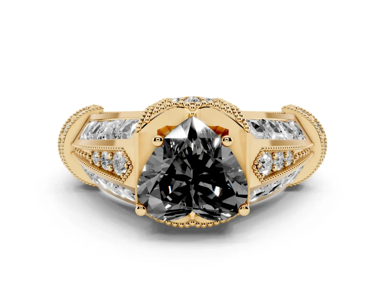 Fancy Black Heart Cut Diamond Vintage-Inspired Milgrain Ring Set in Yellow gold with Accent Split Shank