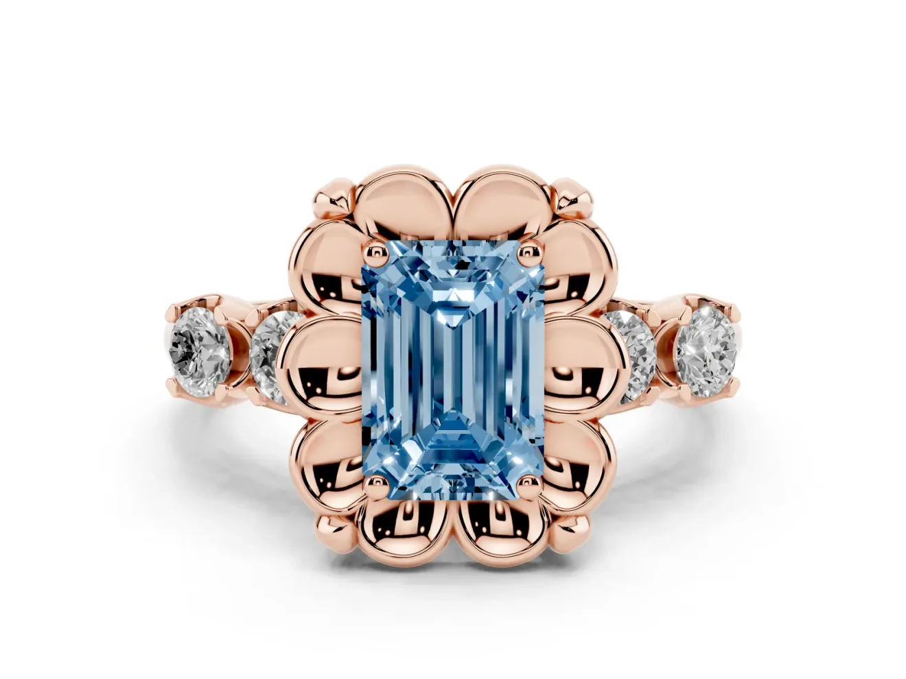 Emerald Cut Floral Engagement Ring Setting for a Fancy Blue Lab-Grown Diamond | Petal Frame and Side Stones | Rose Gold