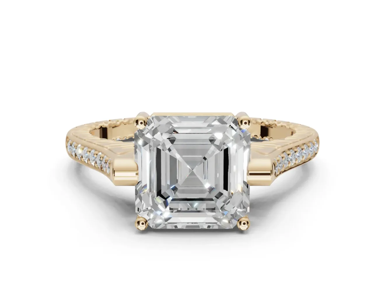 Asscher Cut Vintage Cathedral Engagement Ring Setting | Carved Band | Yellow Gold
