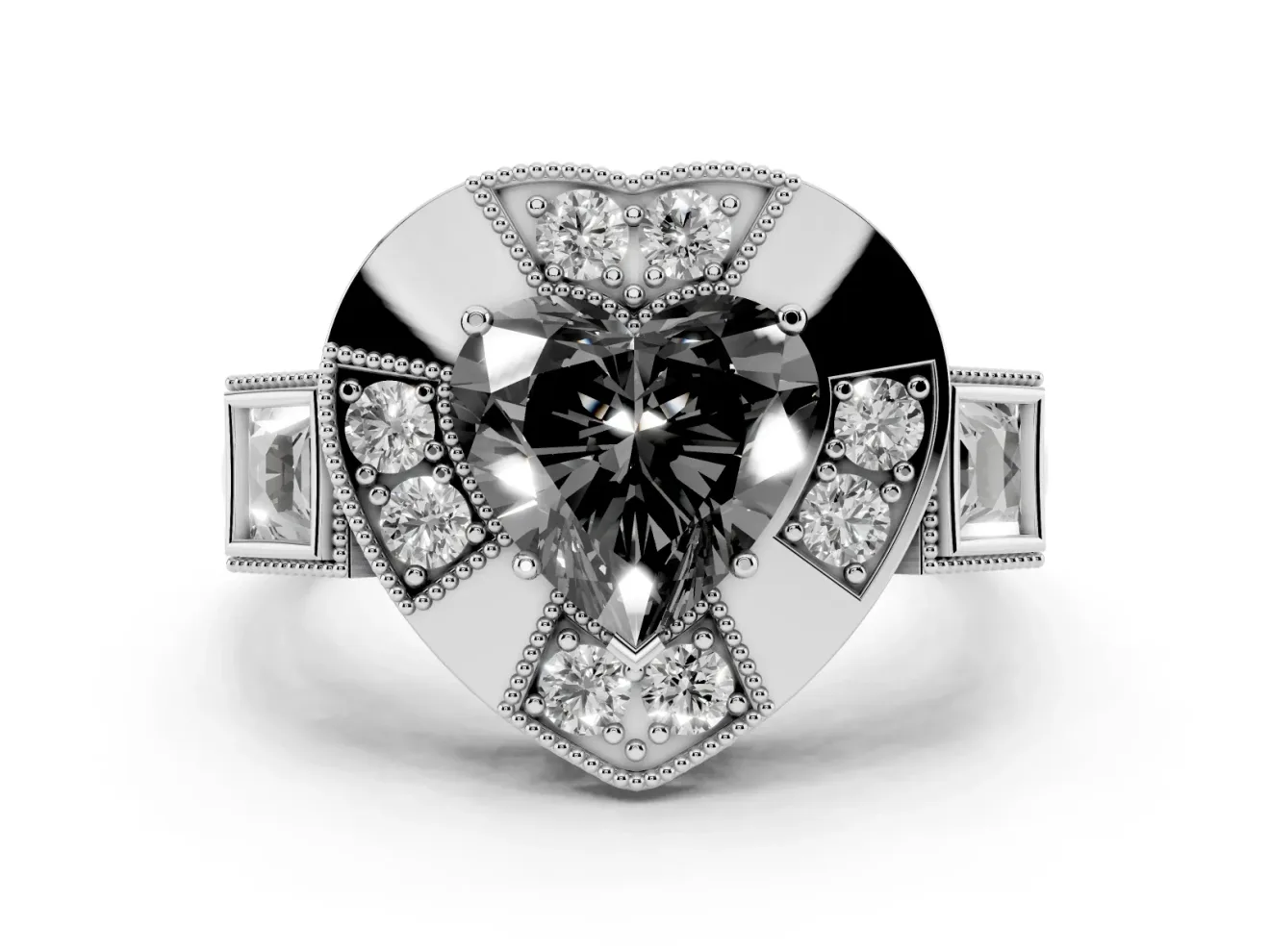 Fancy Black Heart Cut Diamond Milgrain Halo Ring Set in Platinum with Split Shank