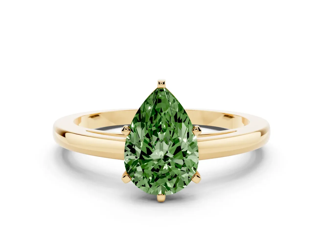 Fancy Green Pear Cut Diamond Solitaire Engagement Ring Set in Yellow gold with Prong Setting on a Classic Band