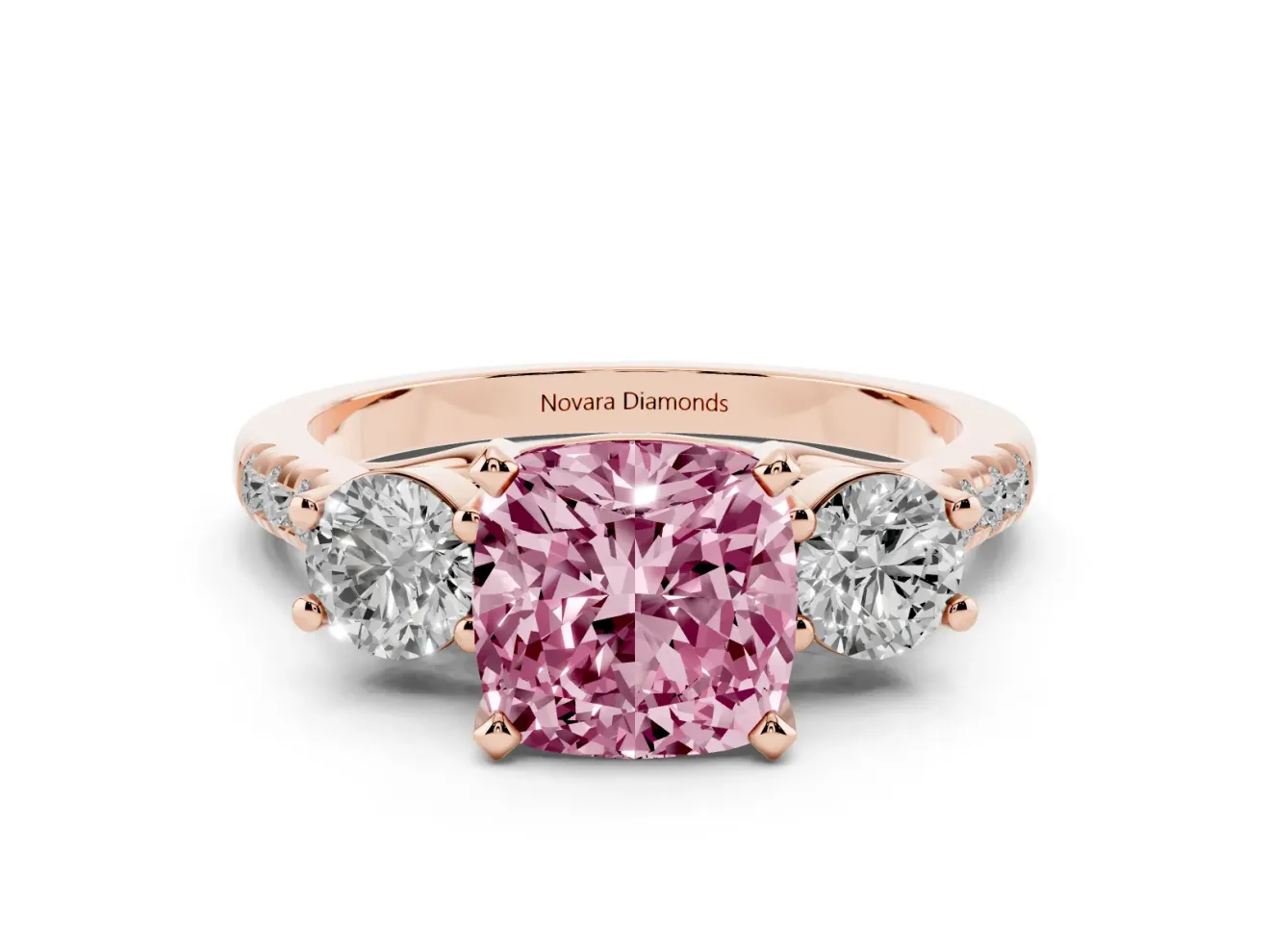 Cushion Cut Three-Stone Engagement Ring Setting for a Fancy Pink Lab-Grown Diamond | Rose Gold