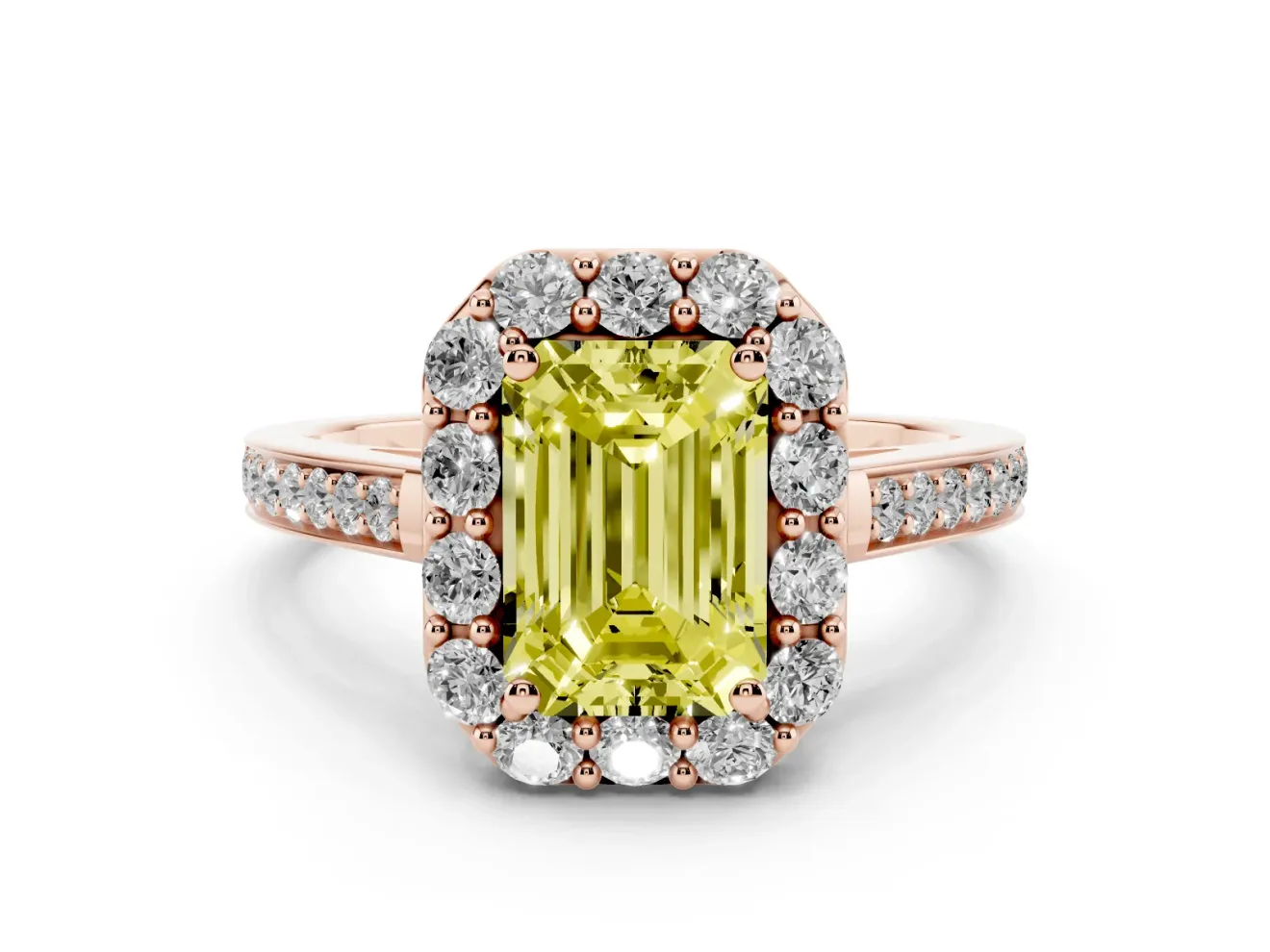 Fancy Yellow Emerald Cut Diamond Floral Halo Ring Set in Rose gold with Pavé Band and Prong Setting