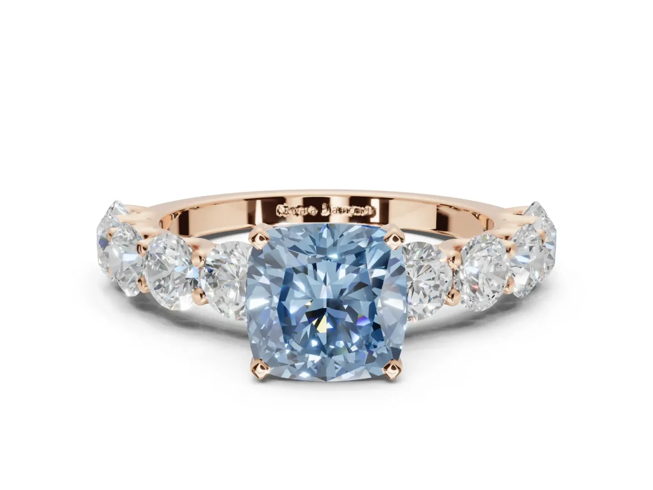 Cushion Cut Side Stone Engagement Ring Setting for a Fancy Blue Lab-Grown Diamond | Scalloped Prong Accents | Rose Gold
