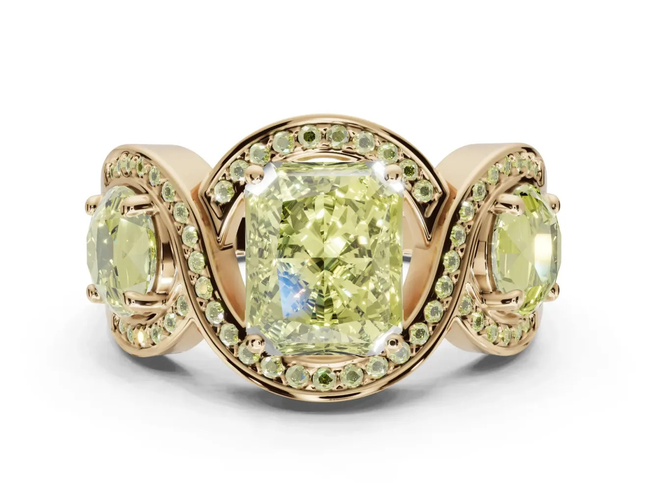 Radiant Cut Three Stone Halo Engagement Ring Setting for a Fancy Yellow Lab-Grown Diamond | Pavé Wave Band | Yellow Gold