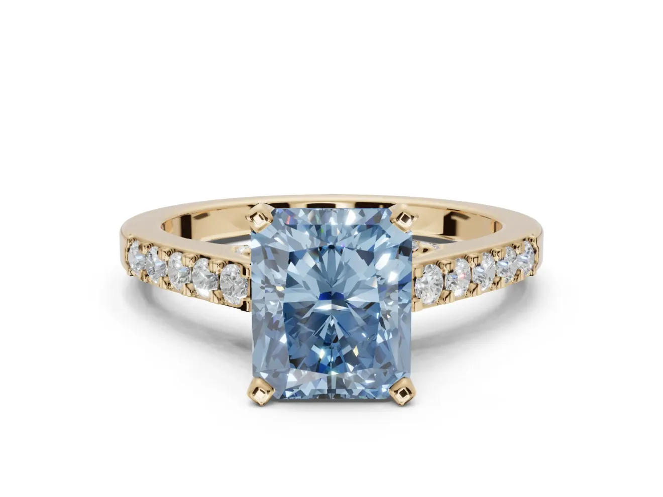 Radiant Cut Pavé Solitaire Engagement Ring Setting for a Fancy Blue Lab-Grown Diamond | Crossover Gallery | Yellow Gold