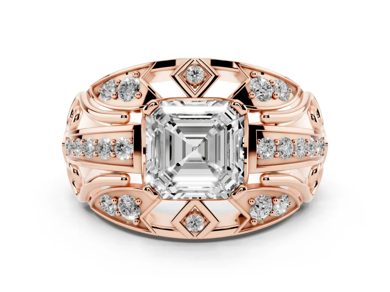 Asscher Cut Art Deco Graduated Pave Engagement Ring Setting | Split Shank | Rose Gold