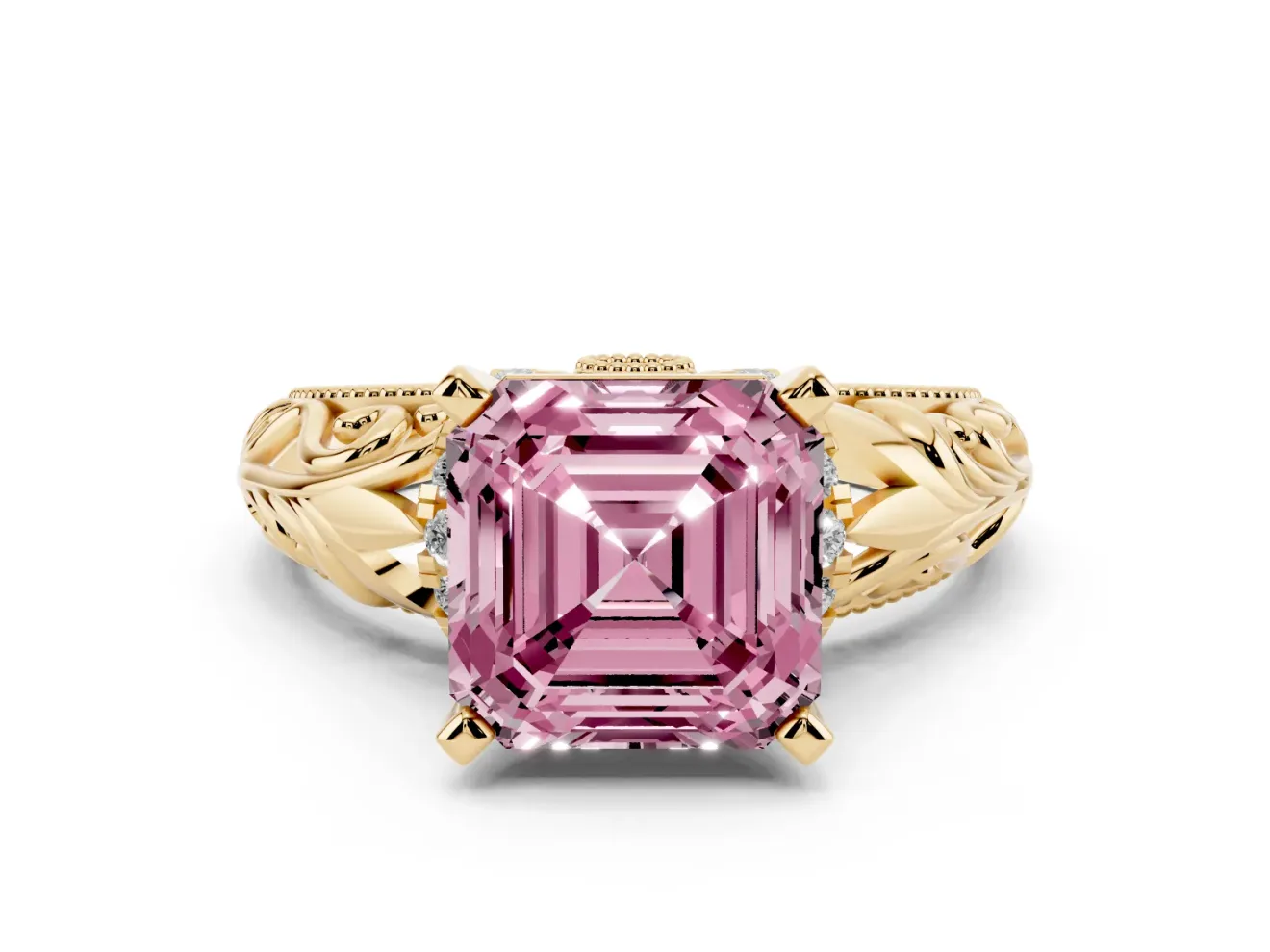Fancy Pink Asscher Cut Diamond Filigree Halo Engagement Ring Set in Yellow gold with Prong Setting