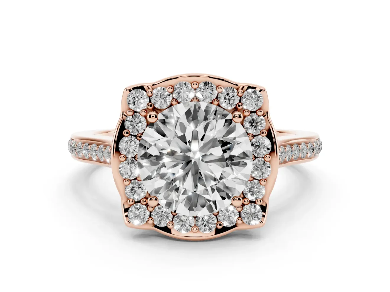 Round Petal Tip Halo Engagement Ring Setting | Single Row Pavé Band | Rose Gold