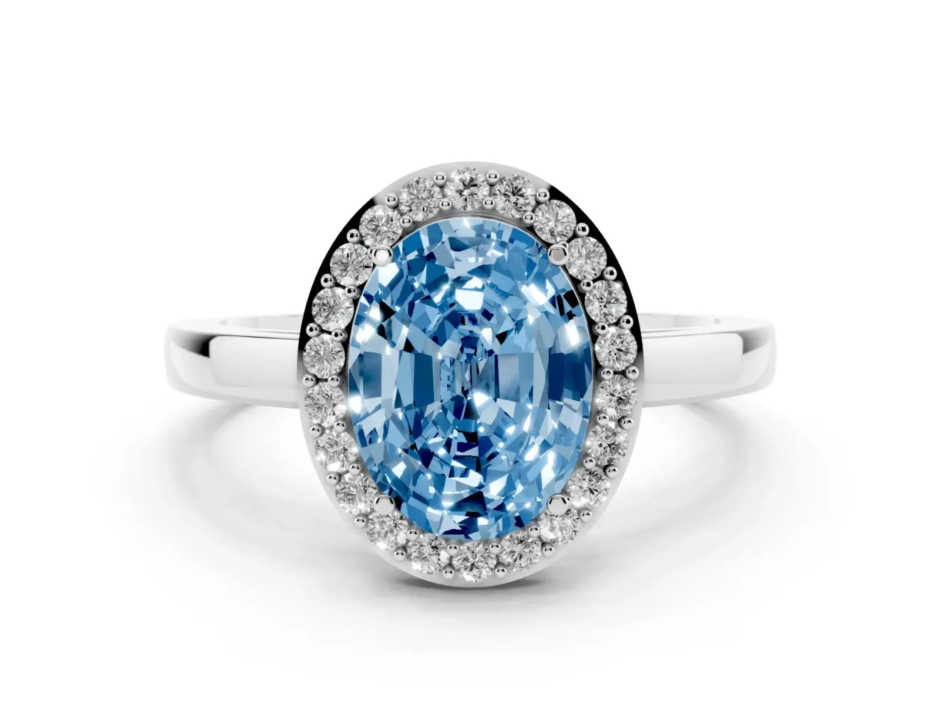 Fancy Blue Oval Cut Diamond Halo Ring Set in Silver with Solitaire Band and Prong Setting