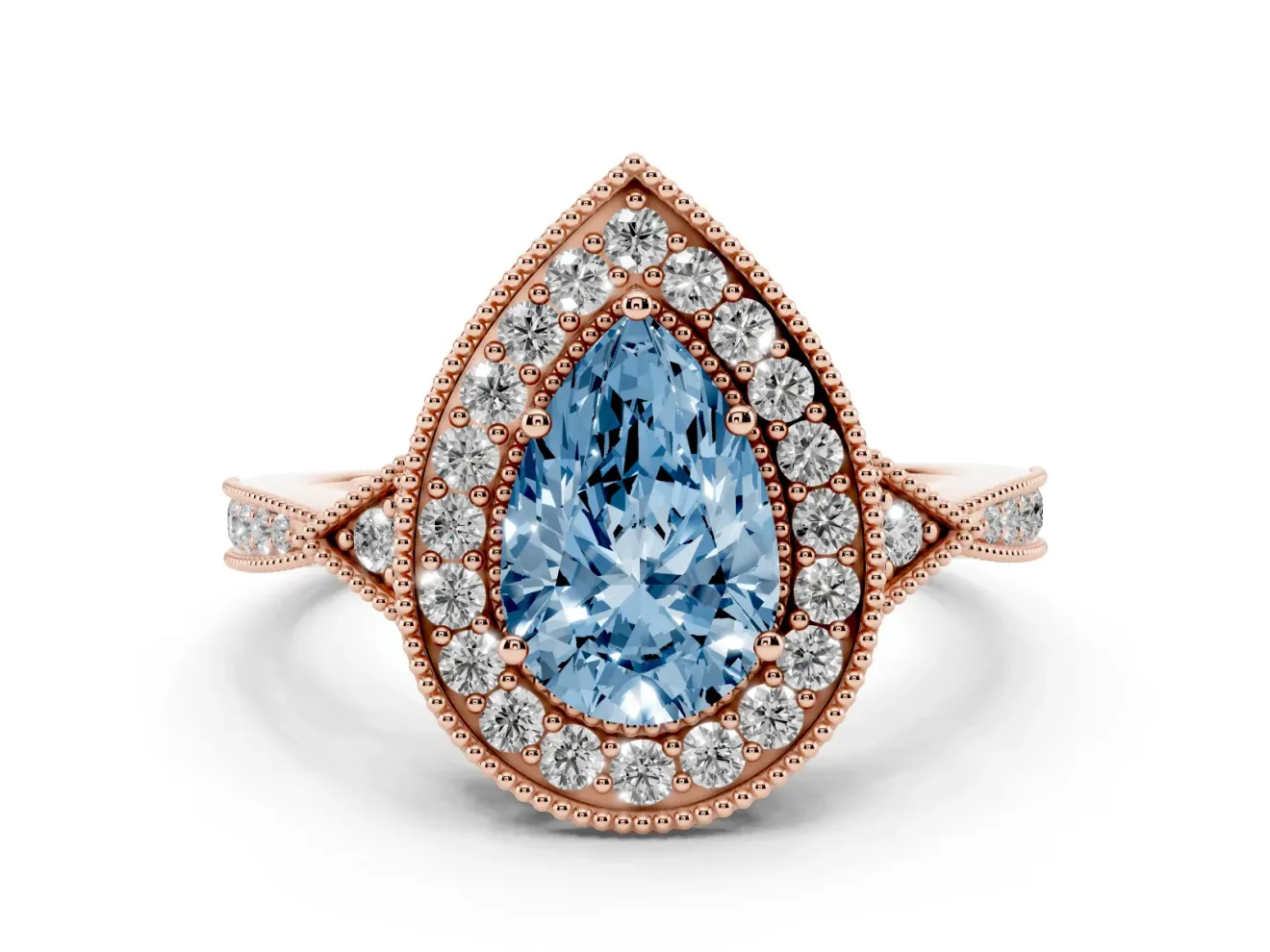 Pear-Shaped Milgrain Halo Engagement Ring Setting for a Fancy Blue Lab-Grown Diamond | Graduated Pavé | Rose Gold