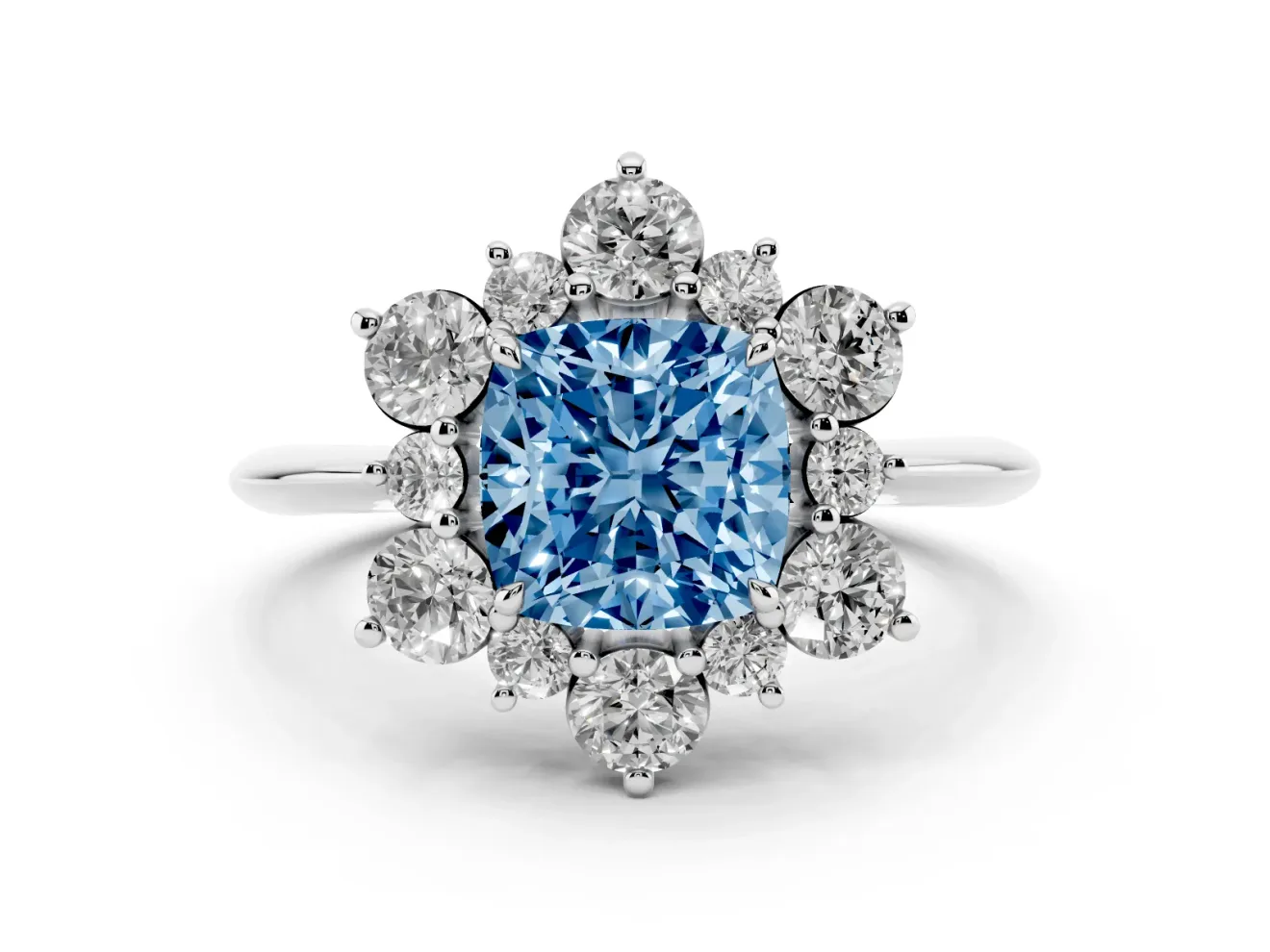 Cushion Cut Cluster Halo Engagement Ring Setting for a Fancy Blue Lab-Grown Diamond | Two-Size Accents | Sterling Silver