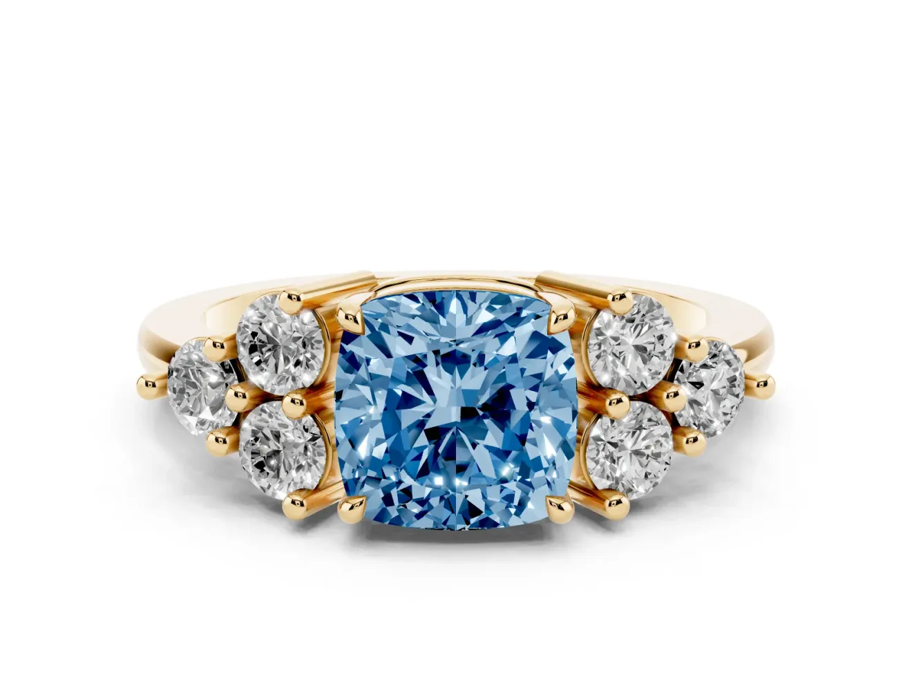 Cushion Cut Cluster Side Stone Engagement Ring Setting for a Fancy Blue Lab-Grown Diamond | Plain Band | Yellow Gold
