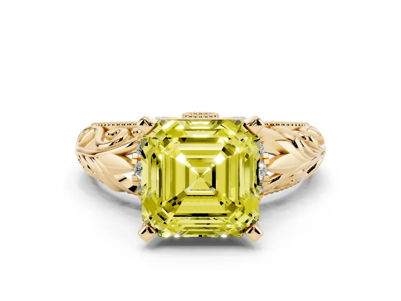 Fancy Yellow Asscher Cut Diamond Filigree Halo Engagement Ring Set in Yellow gold with Prong Setting