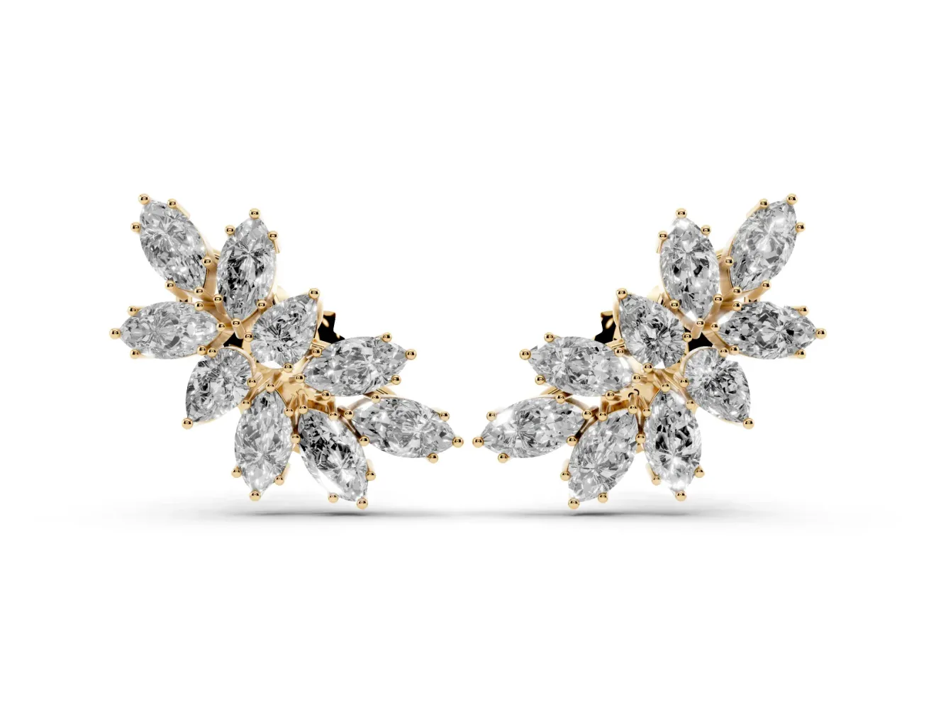 Pear-Shaped and Marquise Lab-Grown Diamond Cluster Stud Earrings | Wing Spray | Yellow Gold