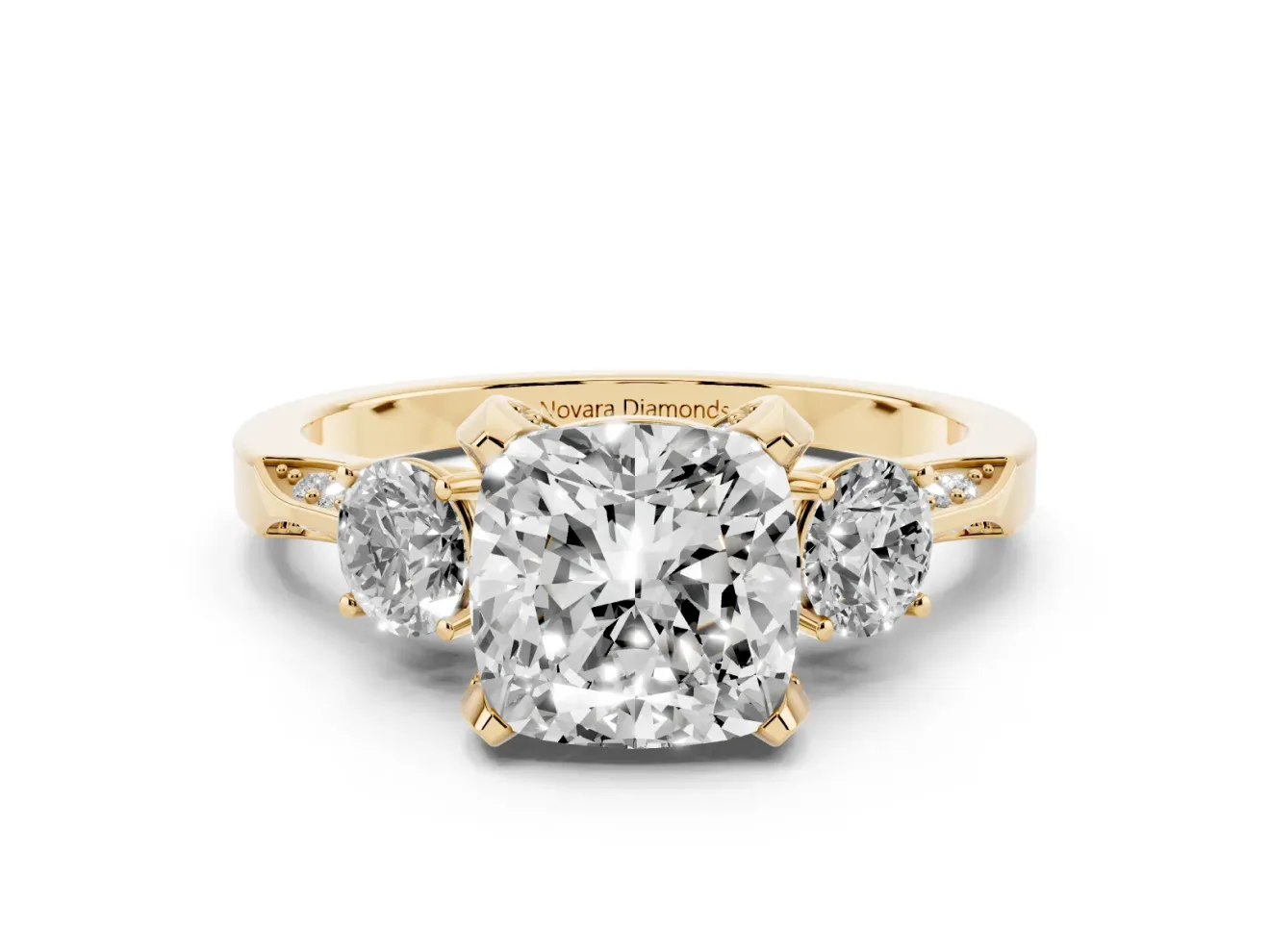 Cushion Cut Hidden Halo Three Stone Engagement Ring Setting | Pave Gallery | Yellow Gold