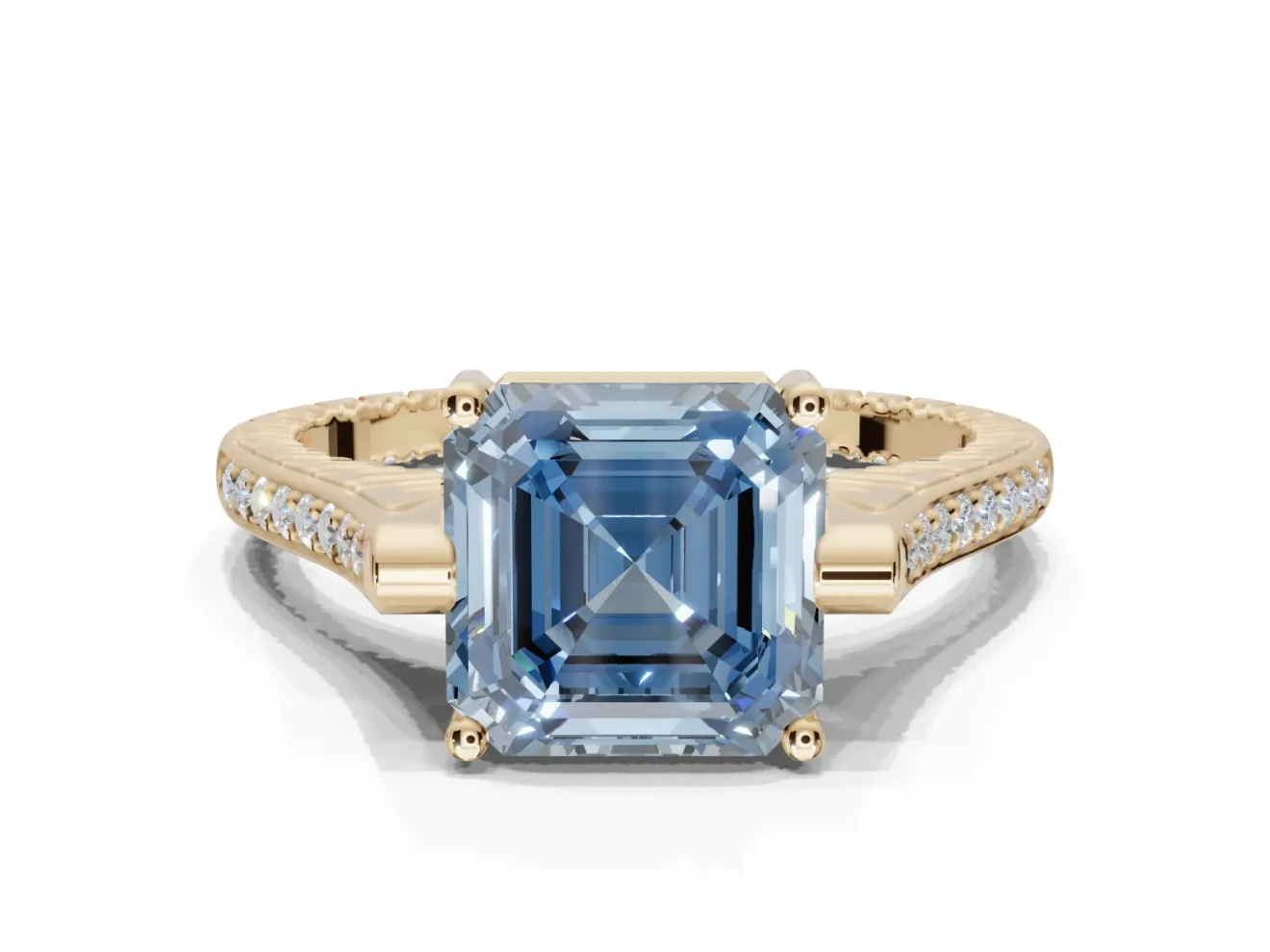 Asscher Cut Vintage Cathedral Engagement Ring Setting for a Fancy Blue Lab-Grown Diamond | Carved Band | Yellow Gold
