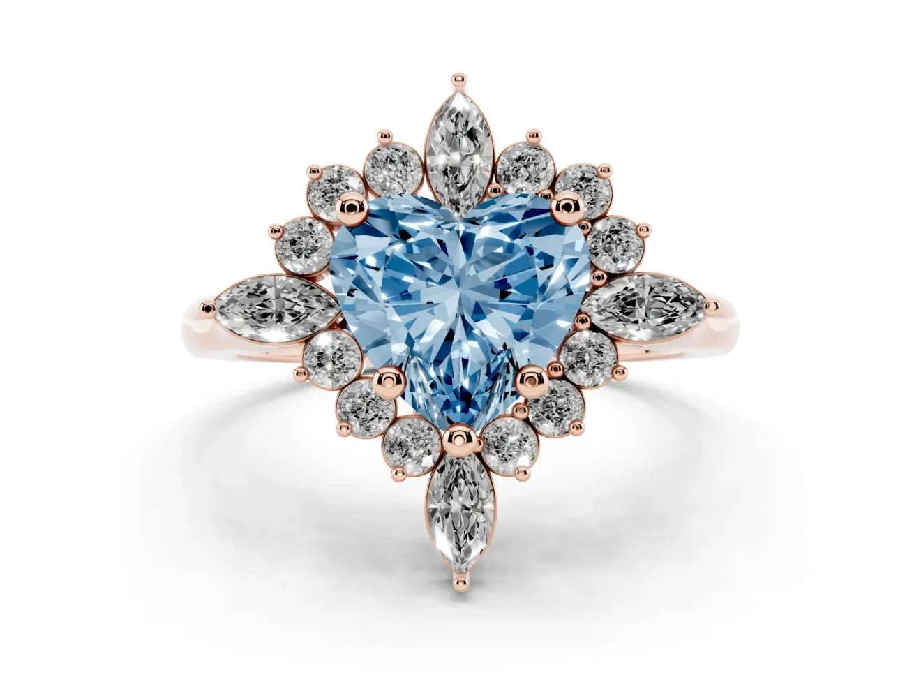 Fancy Blue Heart Cut Diamond Cluster Halo Ring Set in Rose gold with Marquise and Round Accents