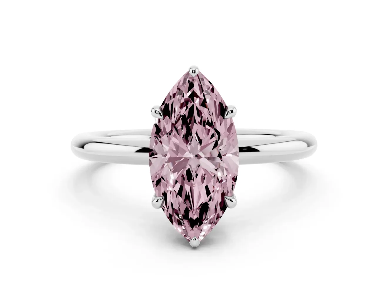 Fancy Pink Marquise Cut Diamond Solitaire Ring Set in Silver with Thin Band and Prong Setting